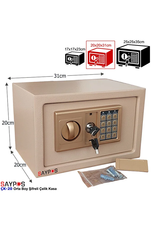 Şık Tasarımlı 2ocm'lik Şifreli Çelik Kasa, Elektronik Tuşlu Değerli Eşya ve Para Kasası 31x20x20cm